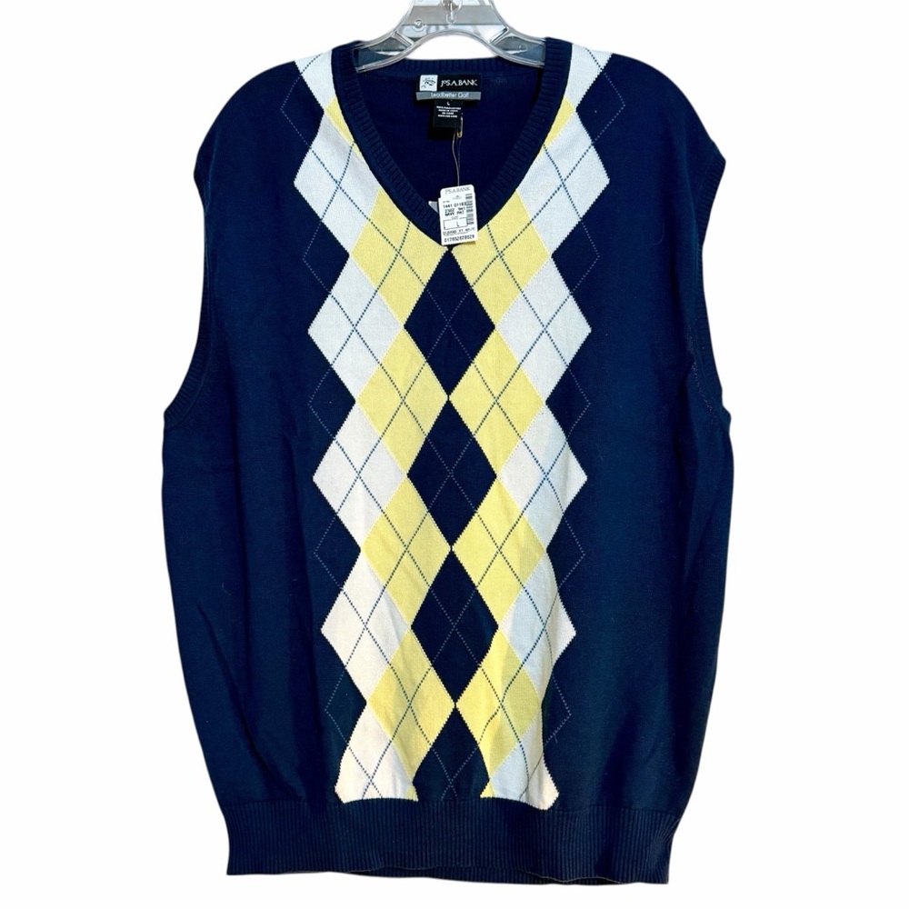 NWT Jos A Bank Golf Argyle Vest Large Navy/White/Yellow 100% Pima Cotton